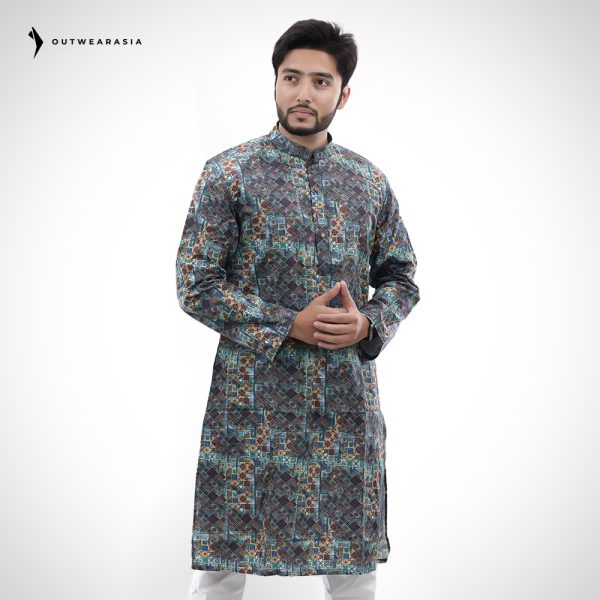Teal Digital Printed Cotton Panjabi | Outwear - D23